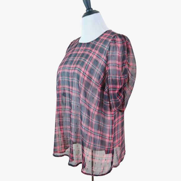 Torrid Size 0 / L Chiffon Lurex Ruched Sleeve Blouse Plaid Red Black - Picture 1 of 10